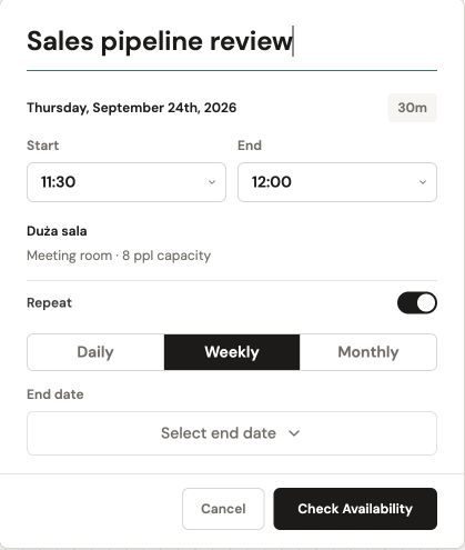 Venuo repeat-booking form with Weekly selected and an end-date control