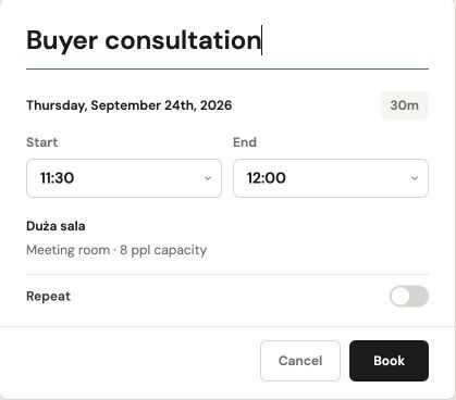 Venuo room-booking form with Buyer consultation entered as the title